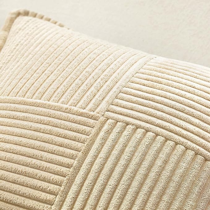 MIULEE Decorative Throw Pillow Covers for Couch Bed Livingroom 18x18 Inch Set of 2 Cream Boho Accent Throw Pllows Broadside Striped Patchwork Soft Corduroy Pillowcases - Image 5