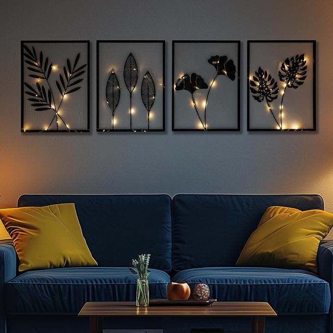 QXSXKJ Black Metal Wall Decor Framed, 3d Modern Metal Wall Art with Light, Minimalist Abstract Black Line Art DéCor, 4 Piece Home Art for Living Room Bedroom Bathroom by qxsxkjMetalWallArt