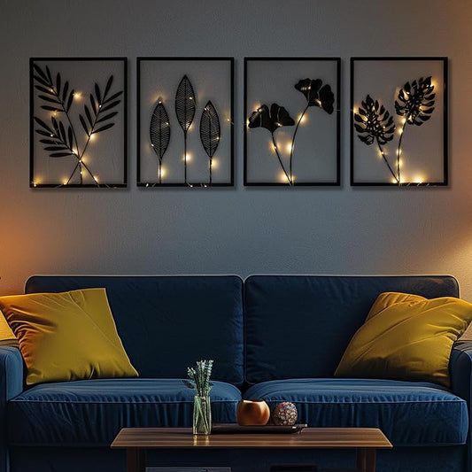 QXSXKJ Black Metal Wall Decor Framed, 3d Modern Metal Wall Art with Light, Minimalist Abstract Black Line Art DéCor, 4 Piece Home Art for Living Room Bedroom Bathroom by qxsxkjMetalWallArt