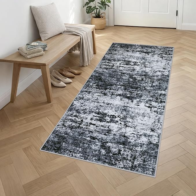 Washable Area Rug 3x8 Entryway Rug: Washable Modern Abstract Soft Thin Rug Indoor Floor No Slip Stain Resistant Carpet for Bedroom Dining Room Farmhouse Nursery Home Office - Black - Image 3