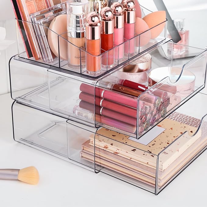 Vtopmart 3 Tier Clear Makeup Organizer with 2 Drawers | Smart Storage Layout, Clear for Better Visibility, Stackable, Large Capacity, for Makeup Lipstick Brush Skincare - Image 2