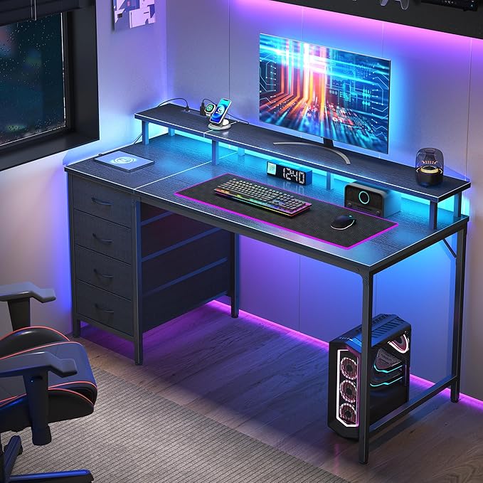 DUMOS 40-Inch Gaming Desk with Power Outlets and LED Lights, Black | Computer Desk with 4 Storage Drawers, Home Office Desk with Monitor Stand, Small Desk for Bedroom Study by DumosLifestyle