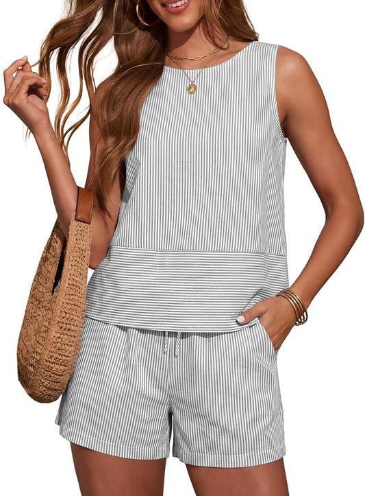 LOMON Women's Trendy 2 Piece Outfits Shorts Sets Summer Crew Neck Sleeveless Tank Top and Bottom Matching with Pockets 2026 by LOMON