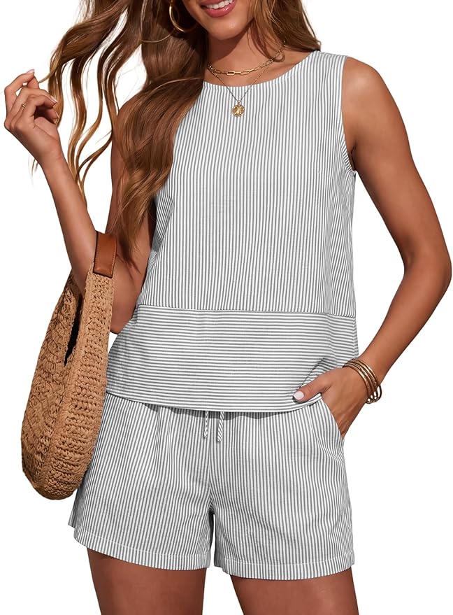 LOMON Women's Trendy 2 Piece Outfits Shorts Sets Summer Crew Neck Sleeveless Tank Top and Bottom Matching with Pockets 2026 by LOMON