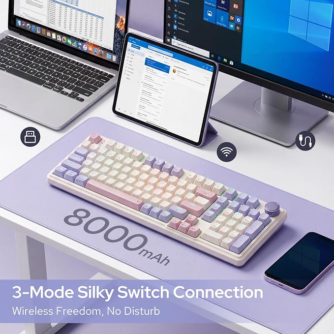 Redragon K768 PRO Wireless 100-Key Gasket Gaming Keyboard, Knob + 8000mAh | Multi-Function Control Wheel, 0-Delay Tri-Mode, Cushioned 5-Layer Noise Dampening for Creamy Thocky Sound, Practical 95% Size - Image 3