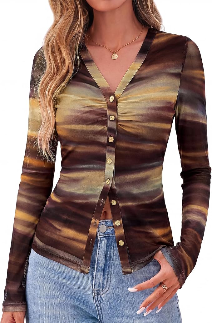 BTFBM Button Down Shirts for Women 2026 Fall Boho Tops V Neck Long Sleeve Blouses Ruched Mesh Fitted Fashion Clothing - Image 7