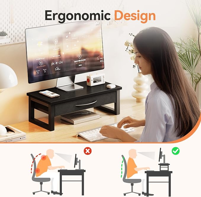 Computer Monitor Stand Riser, Desk Organizers and Accessories with Drawer, 2-Tier Laptop Stand for Desk, Office Organizer Storage, Wood - Image 2