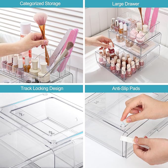 Vtopmart 3 Tier Clear Makeup Organizer with 2 Drawers | Smart Storage Layout, Clear for Better Visibility, Stackable, Large Capacity, for Makeup Lipstick Brush Skincare - Image 6