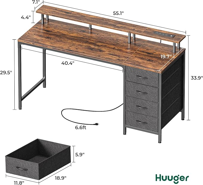 Huuger 55 Inch Computer Desk with Power Outlets and LED Lights, Gaming Desk with 4 Drawers, Office Desk with Monitor Stand, Study Work Home Office, Rustic Brown - Image 2