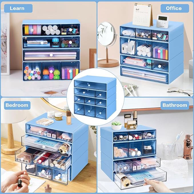 Desk Storage Organizer with 9 Drawers, 4 Tiers Stackable Desktop Craft Storage Drawers, Clear Storage Box Caddy for Stationary Makeup Jewelry Office Craft Supplies (Blue) - Image 7