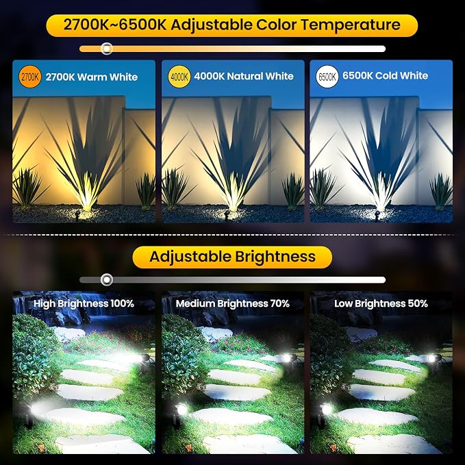 Outdoor Landscape Lighting 2700-6500K Dimmable Spotlights 8 Pack | 3 brightness levels,2 dynamic mode,IP66 waterproof, remote timer & memory,plug and play. Ideal for yards, gardens & pathways - Image 4
