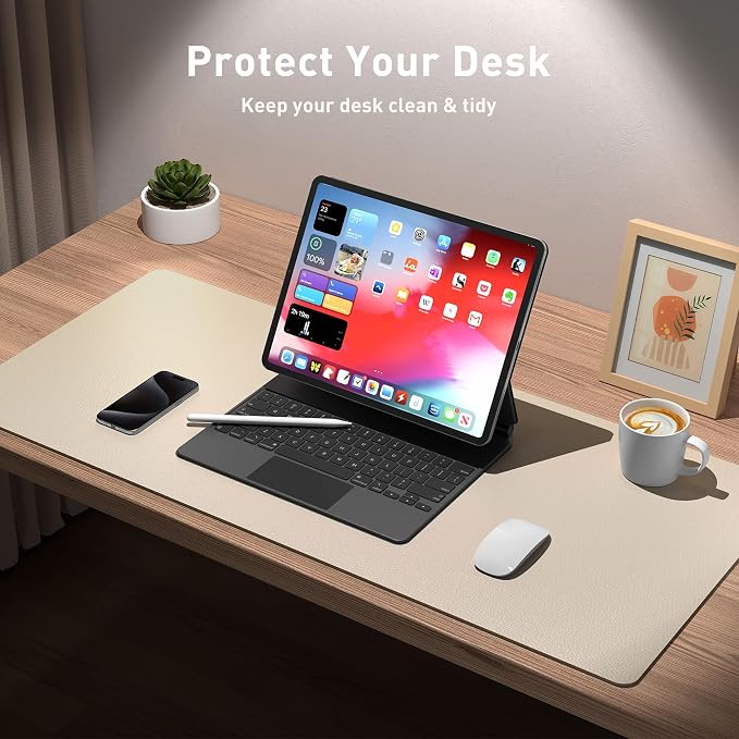 Aothia Leather Desk Pad Protector, Office Mat, Large Mouse Pad, Non-Slip PU Leather Blotter, Laptop Desk Pad, Waterproof Writing Pad for Office and Home (Beige, 31.5" x 15.7") - Image 3