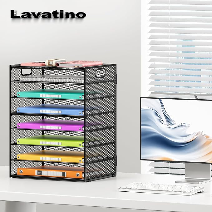 Lavatino 2 Pack 8-Tier Office Desk File Organizer, Letter Tray Paper Organizer with Handle, Including 5 Adjustable Slide Trays for Organizing Desktop Workspace Accessories and Supplies (Black Mesh) - Image 4