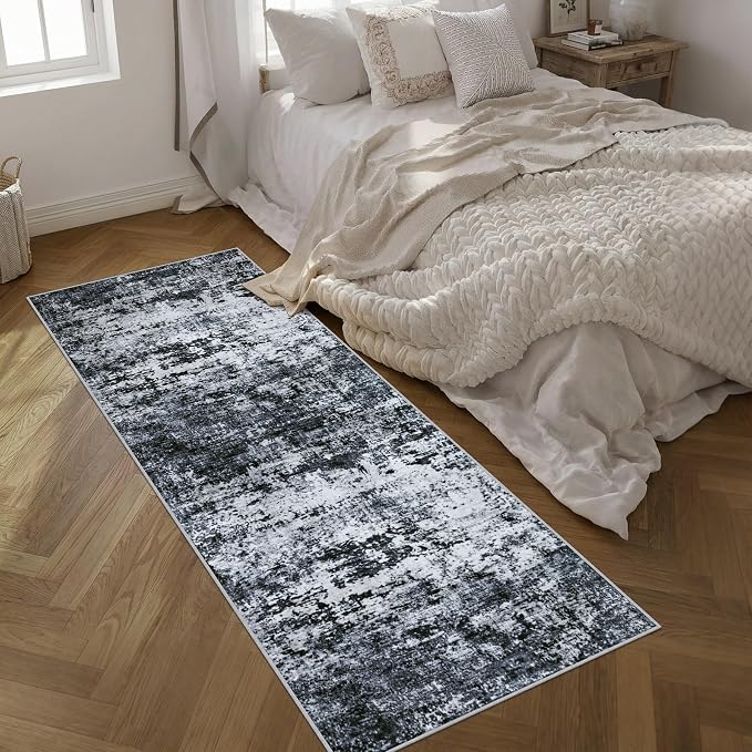 Washable Area Rug 3x8 Entryway Rug: Washable Modern Abstract Soft Thin Rug Indoor Floor No Slip Stain Resistant Carpet for Bedroom Dining Room Farmhouse Nursery Home Office - Black - Image 2