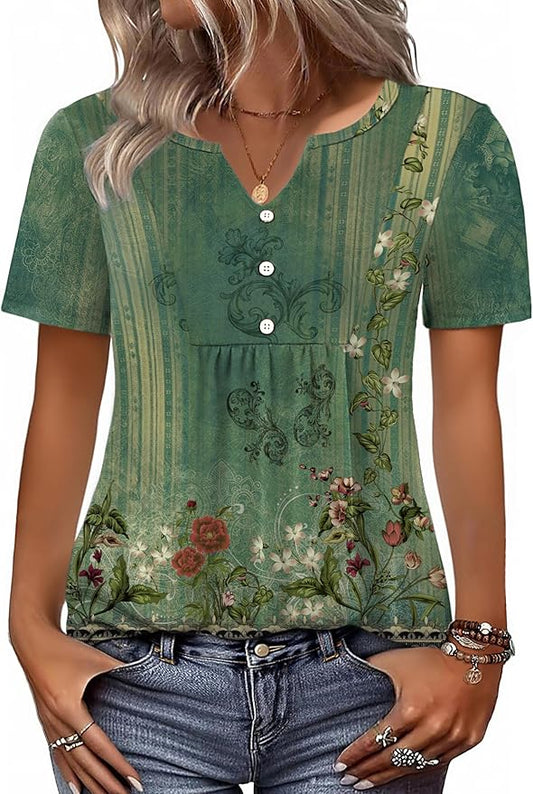 Zeagoo Womens Short Sleeve Tops Summer Henley V-Neck Tshirts Casual Pleated Blouse Dressy Loose Floral Basic Tee by Zeagoo