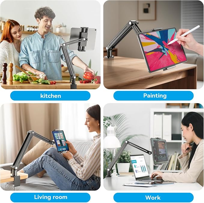 Jakeko Adjustable Tablet Mount for Desk - 360 Degree Rotating Base Tall Arm Holder Stand Swivel Flexible Clamp Soporte para Tablet/Portable Monitor/Ebook - Image 7