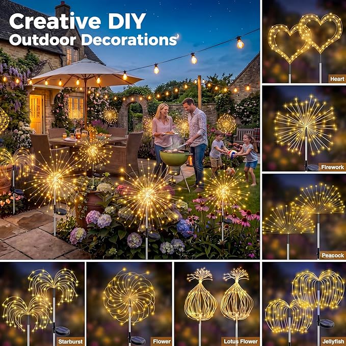 btfarm 3 Pack 120 LED Solar Garden Lights Outdoor, 8 Modes Firework Lights Solar Powered, Waterproof Twinkle Fairy Light Outside for Yard Patio Pathway Pool Christmas Party Decorative, Warm White - Image 4