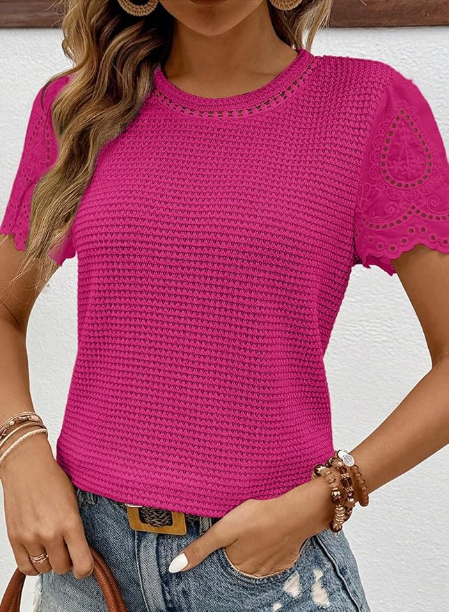 SHEWIN Womens Frenchy Summer Tops Crewneck Short Sleeve T Shirts Casual Waffle Knit Jacquard Blouses Top Shirts - Image 3