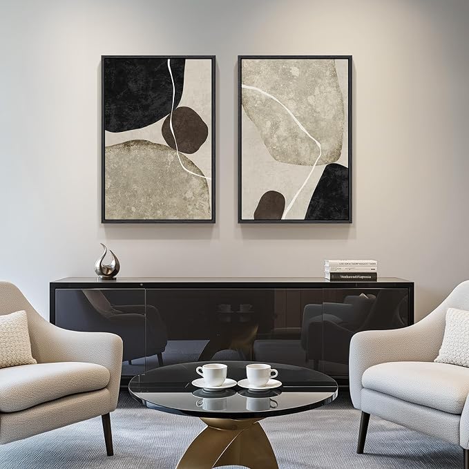 Framed Neutral Abstract Wall Art, 2 Piece Large Modern Black Beige Brown Canvas Prints Paintings Artwork for Walls, Minimalist Stone Shape Pictures for Living Room Dining Bedroom Wall Decor 20x30 In - Image 2