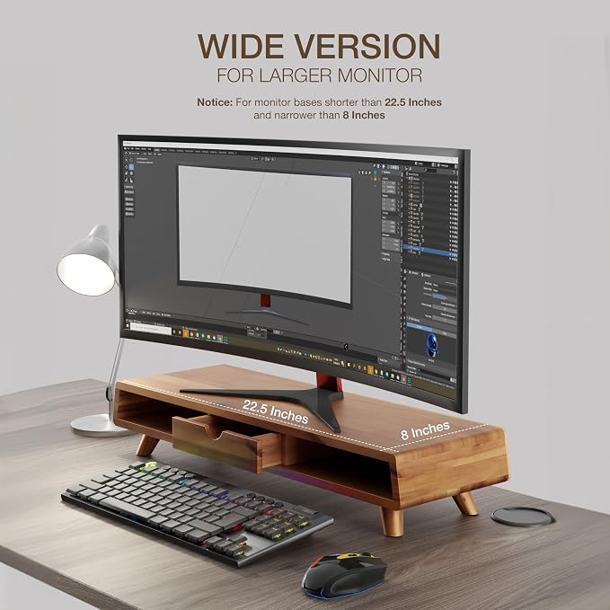 TINAMO Acacia Wood Monitor Stand with Drawer - Wooden Monitor Riser for Desk - Computer Monitor Stand for Desk - Multi-Purpose Desktop Storage Stand for Computer; Laptop; Printer; TV - 24.4 " x 8" x 5" (Patented) - Image 3