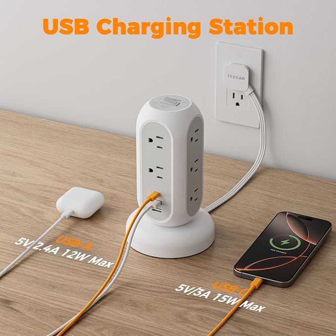 TESSAN Tower Power Strip Flat Plug with 1050J Surge Protection, 5 Ft, Grey | 11 Outlets 3 USB (1 USB C), Surge Protector Power Tower, Retractable Extension Cord with Multiple Outlets for Dorm, Office - Image 5