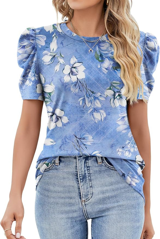 Ivicoer Puff Short Sleeve Shirt for Women Eyelet Tops Summer Crewneck Blouse Loose Fit S-XXL by Ivicoer