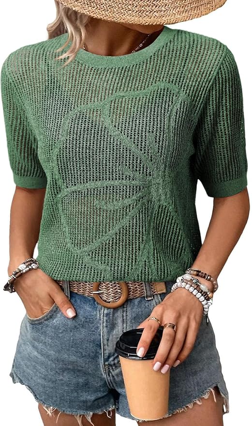 Dokotoo Womens Summer Short Sleeve Crochet Tops Hollow Out Floral Sweaters Beach Vacation Cruise Outfits by Dokotoo