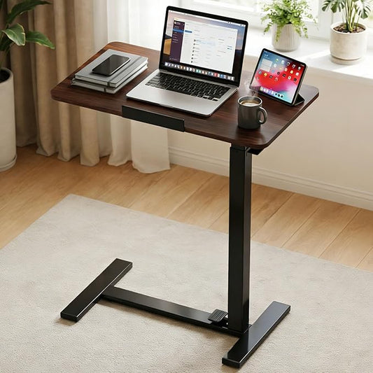 Overbed Table Adjustable Bedside Desk with Wheels Brown | Pneumatic Lift Design Offers Easy Height Adjustment for Bed and Sofa Use by HAPPYMONTLLC