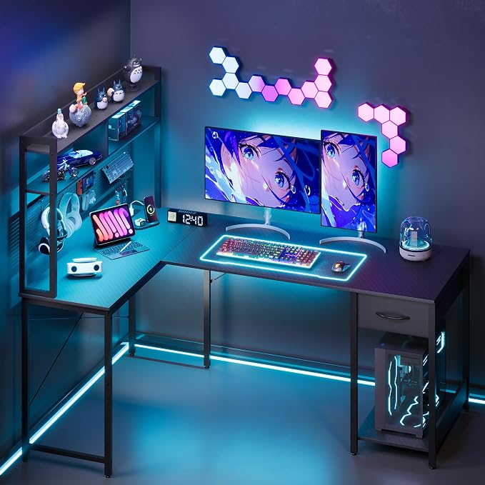 Apicizon L Shaped Gaming Desk 53" with Hutch, LED Light and Drawer | Carbon Fiber Surface, Storage Shelves, Pegboard with Hooks, PC Tower Stand, USB Charging Port, Home Office, Bedroom - Image 2
