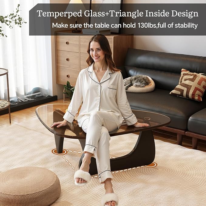 Coffee Table for Living Room Mid Century Modern Center Table with Glass Top and Wood, 36 Inch, Black Brown - Image 4