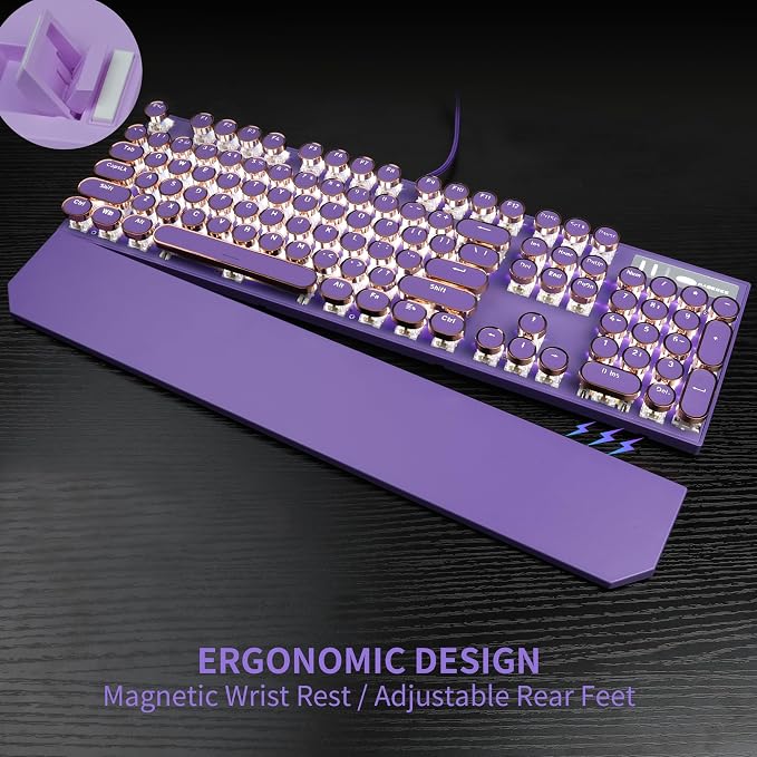 Camiysn Typewriter Style Mechanical Gaming Keyboard, Purple Retro Punk Gaming Keyboard with White Backlit, 104 Keys Blue Switch Wired Cute Keyboards, Round Keycaps for Windows/Mac/PC - Image 3