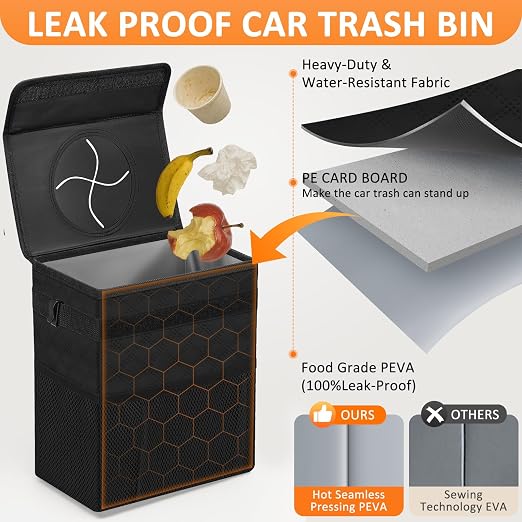 Vankor Car Trash Can for Cute, Bag Bin Hanging Waterproof Automotive Car Garbage Cans Leak Proof Vehicle Trash Can Diamond Pattern-Black - Image 3