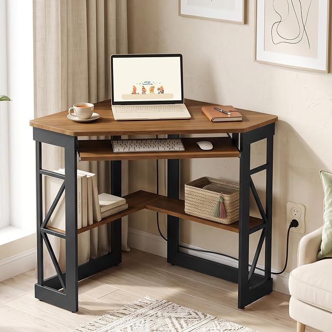 VECELO Corner Desk, Triangle Computer Desk for Small Space with Charging Station and Keyboard Tray, Corner Makeup Table with Storage Shelves for Home Office Bedroom, 41x30, Light Walnut - Image 4