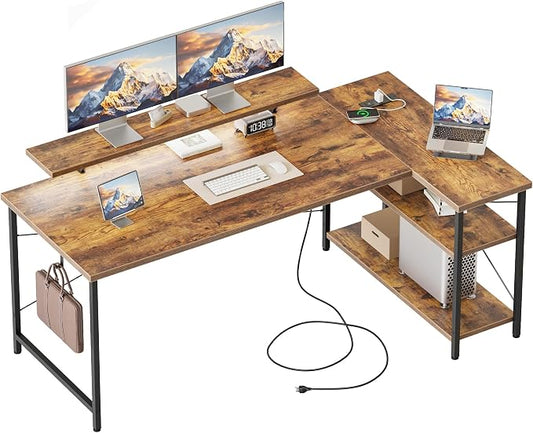 Mericonia 55 in L Shaped Gaming Desk, Large Corner Desk with Monitor Stand | Reversible Computer Desk with Power Outlets, LED Light & Storage Shelves, Office Table for Home Bedroom Study Work Writing by MERICONIA