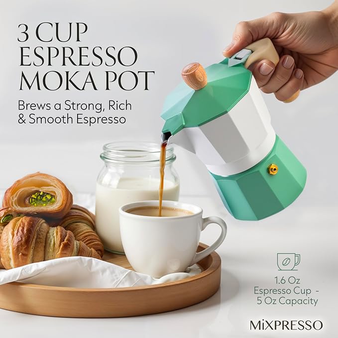 Mixpresso 3 Cup Moka Pot Stovetop Espresso Maker, Italian Cuban Coffee Pot | 5oz aluminum Italian coffee maker for gas and electric stovetops, small design for traditional espresso-style coffee at home - Image 3