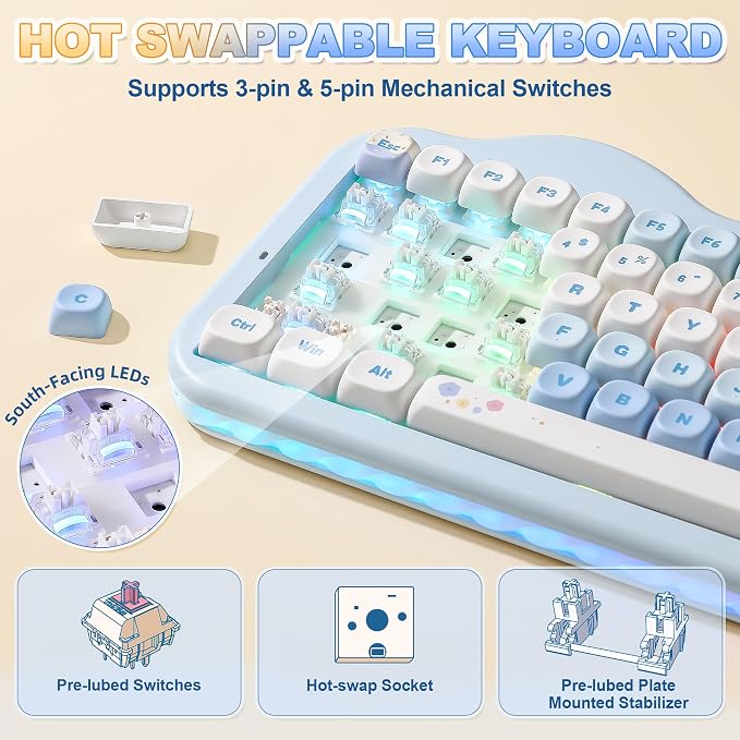 YUNZII C75 Cute 75% Wireless Mechanical Keyboard (Blue, Milk V2 Switch) | Creamy Cake Keyboard, BT5.0/2.4G/USB-C, Hot-Swap, NKRO, PBT MOA Keycaps,5500mAh RGB Gasket Mount for Mac/Win/Gaming/Office - Image 5