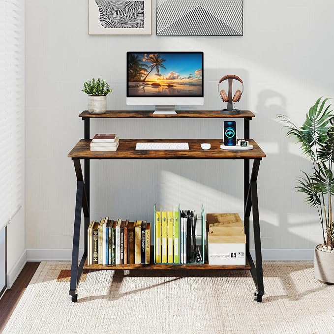 Giantex Rolling Computer Desk with Charging Station, Mobile Portable Laptop Desk with Monitor Stand & Storage Shelf, Small Desk with Lockable Wheels for Small Spaces, Home Office (Rustic Brown) - Image 9