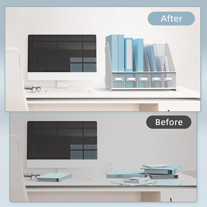 SUPEASY Desk Organizers Metal Desk Magazine File Holder with 5 Vertical Compartments Rack File Organizer for Office Desktop, Classroom, Home Workspace, White - Image 6