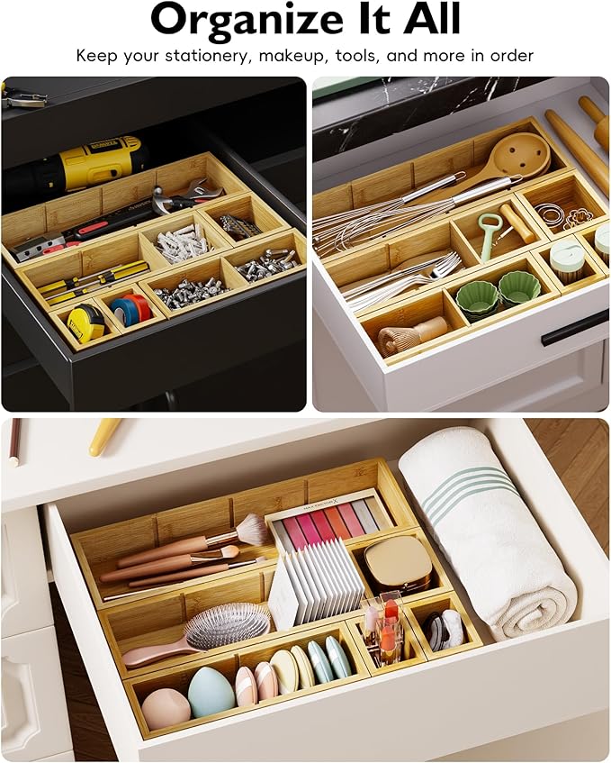 12-Piece Bamboo Desk Drawer Organizer Set – Adjustable Storage Boxes with 24 Compartments, Non-Slip, Modular Design for Office, Jewelry, Vanity, and Kitchen Utensil Drawer Storage - Image 7