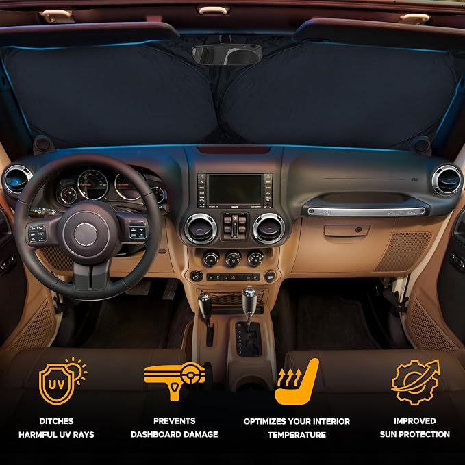EcoNour Jeep Windshield Sunshade | Sun Visor for UV Rays & Heat Protection | Suitable for Wrangler, Gladiator | Jeep Accessories for Wrangler | X-Small - 60x21 Inches - Image 2