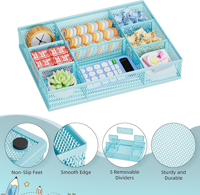 Marbrasse 2 Pack Desk Drawer Organizer, Mesh Drawer Organizer Tray with 8 Adjustable Compartments, Desk Organizers and Accessories, 5 Dividers Drawer for Office Supplies, Makeup & Vanity (Blue) - Image 6