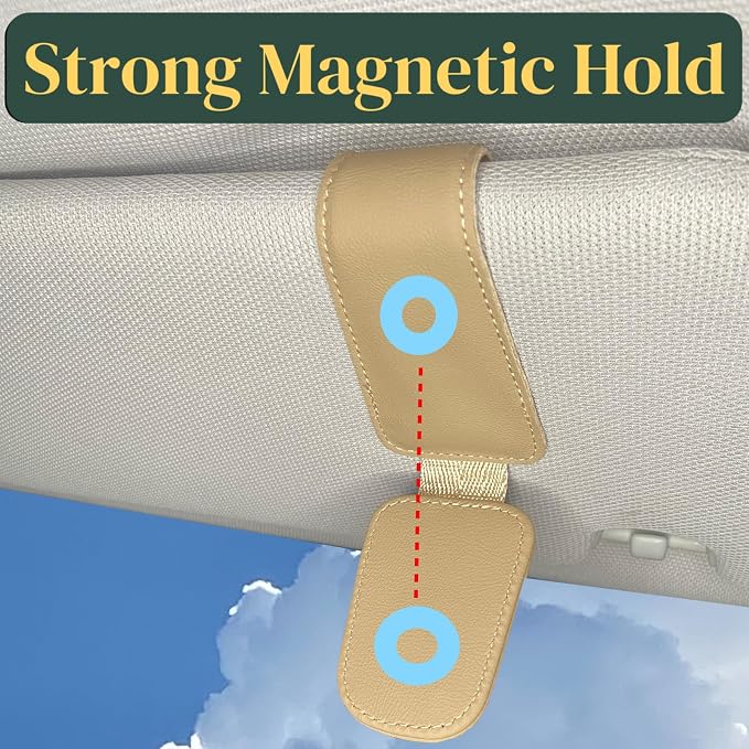 CHOSMOYI Magnetic Leather Sunglass Holder for Car, Sunglasses Clip for Car Visor, Auto Interior Accessories Universal for Different Size Eyeglasses (Beige) - Image 3
