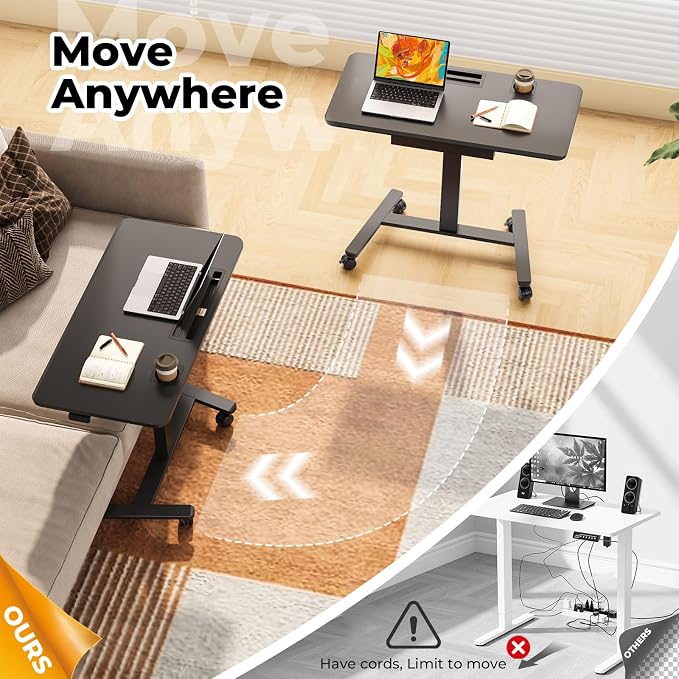 40"×20" Mobile Desk with Drawer, Rolling Desk with Storage | Height Adjustable Portable Laptop Desk on Wheels, Small Computer Desk with Cup Holder and Hooks for Study & Work, Black - Image 3