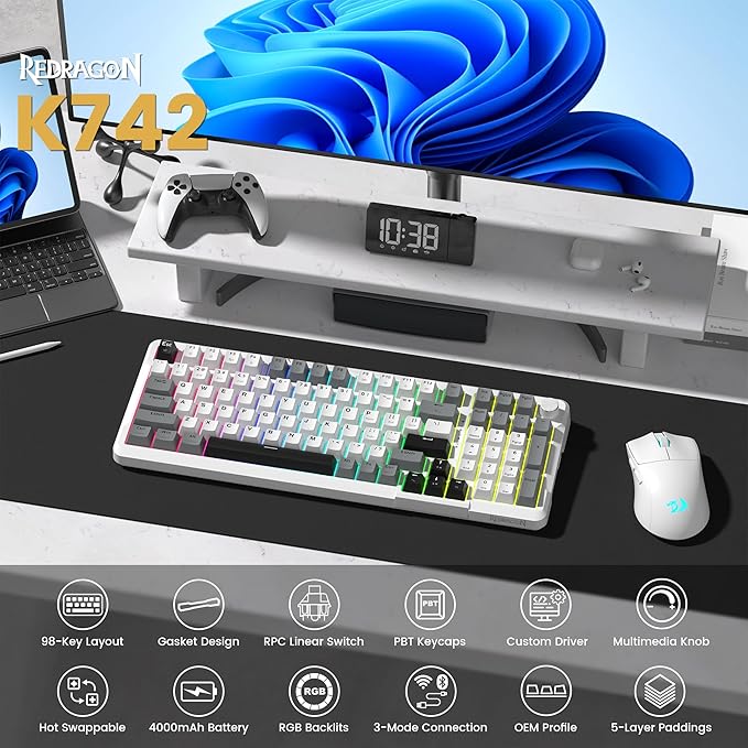 Redragon K742 Wireless Mechanical Gaming Keyboard with Knob, Bluetooth 5.0/2.4GHz/USB C Wired Creamy Keyboard with Number Pad for PC Computer, RGB Backlits, Hot-Swappable with Linear Switches (White) - Image 2