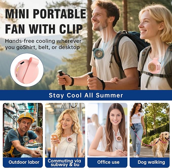 Wearable Waist Fan Rechargeable, 360° Rotating Clip-On Personal Fan 5-Speed Bladeless Portable Cooling Fan for Shirt, Outdoor Work, Construction, Camping, Gardening,Office, Travel Essentials Cute Pink - Image 6