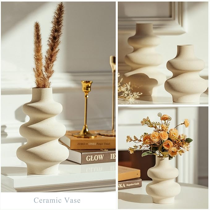 Steviieden Ceramic Vases Set 2, Modern Home Decor,Off White Round Vases,Modern Dried Flower Vases, Boho Home Decor for Centerpieces Wedding Dinner Table Party Living Room Office Bedroom - Image 2