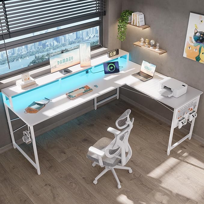 Pamray 64 Inch L Shaped Gaming Desk with Monitor Stand and Power Outlets | Large Corner Computer Desk With Pegboard & Led Lights USB Charging Ports for Home Office Study and Writing Bedroom and Dorms by PAMRAY
