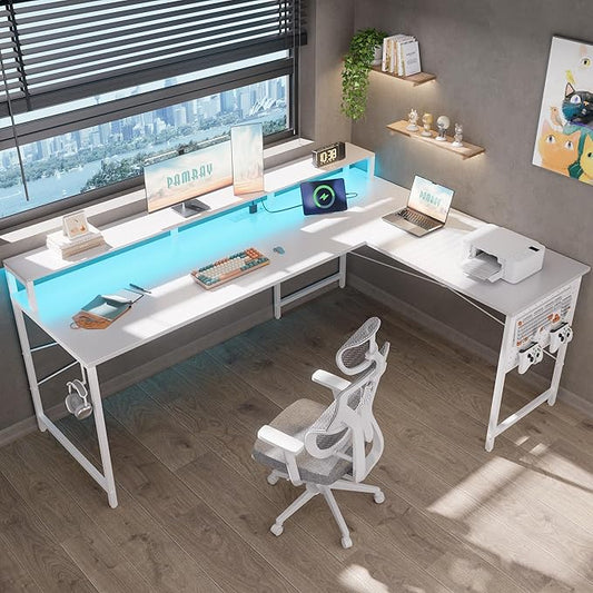 Pamray 64 Inch L Shaped Gaming Desk with Monitor Stand and Power Outlets | Large Corner Computer Desk With Pegboard & Led Lights USB Charging Ports for Home Office Study and Writing Bedroom and Dorms by PAMRAY