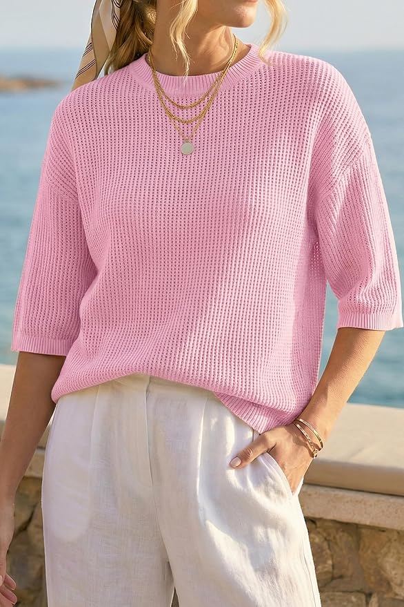 Arach&Cloz Womens Summer 100% Cotton Oversized Crochet Tops 3/4 Length Sleeve Sweater Hollow Out Casual Blouses 2026 - Image 2