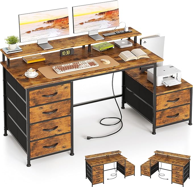 52 Inch Office Desk with 6 Drawers and Printer Space for Storage, Reversible Computer Desk with Monitor Stand & Power Outlets, Home Office Desks, Vintage by Flrrtenv
